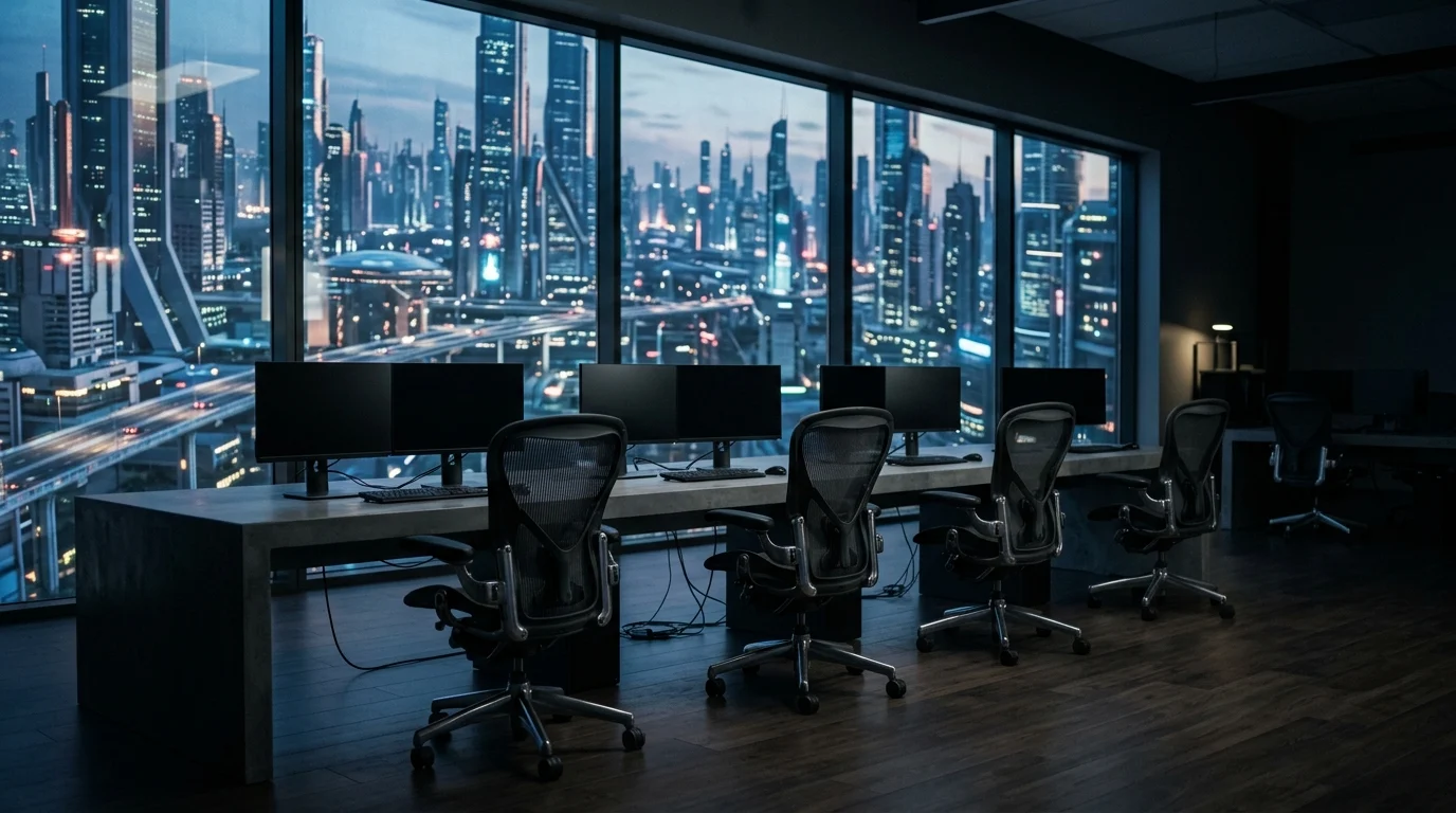 A row of empty office chairs in a futuristic studio setting.