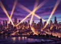 A conceptual illustration of a city skyline under spotlights.