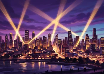 A conceptual illustration of a city skyline under spotlights.