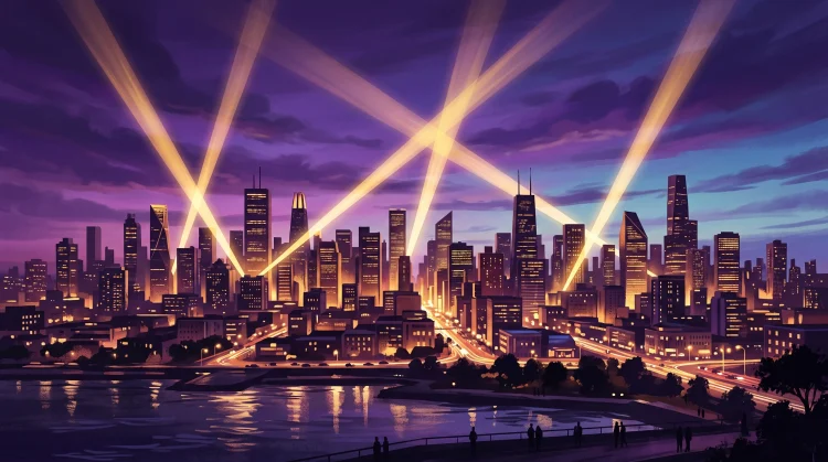 A conceptual illustration of a city skyline under spotlights.