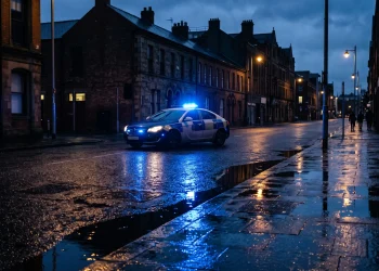A Belfast street at dusk with blue police lights reflecting in rainwater.