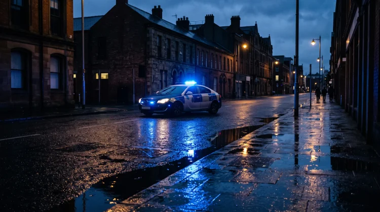 A Belfast street at dusk with blue police lights reflecting in rainwater.