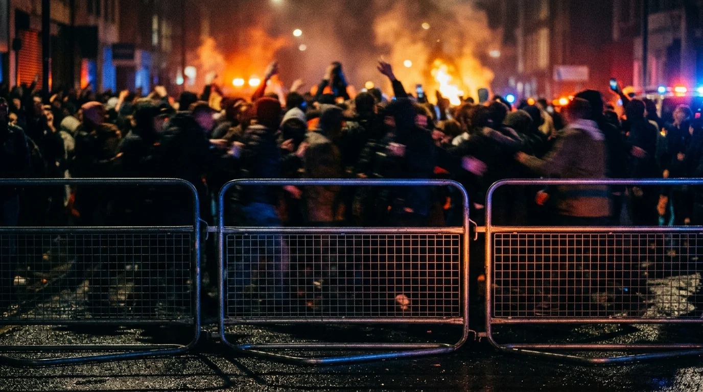 A blurred conceptual view of a protest line with police barricades.