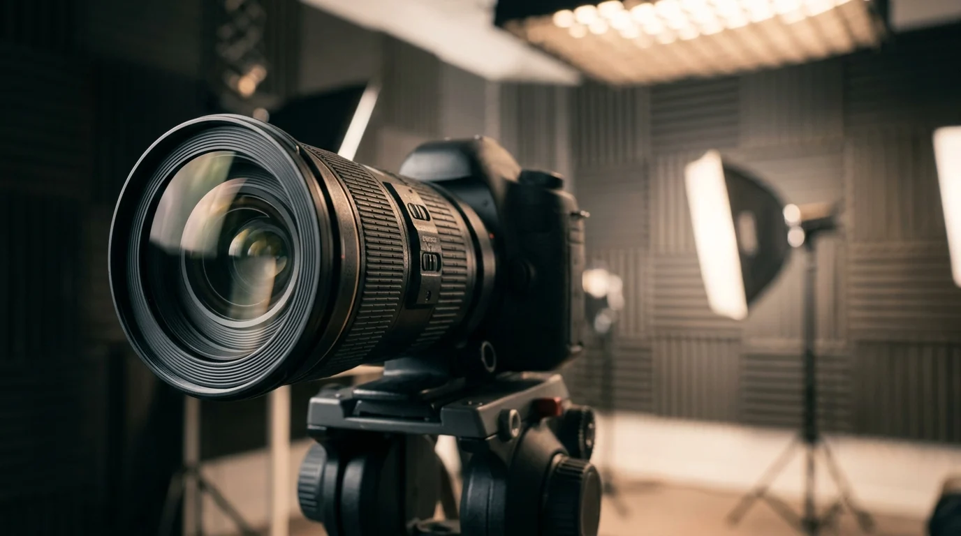 A close-up of a studio camera lens representing professional video podcast production.