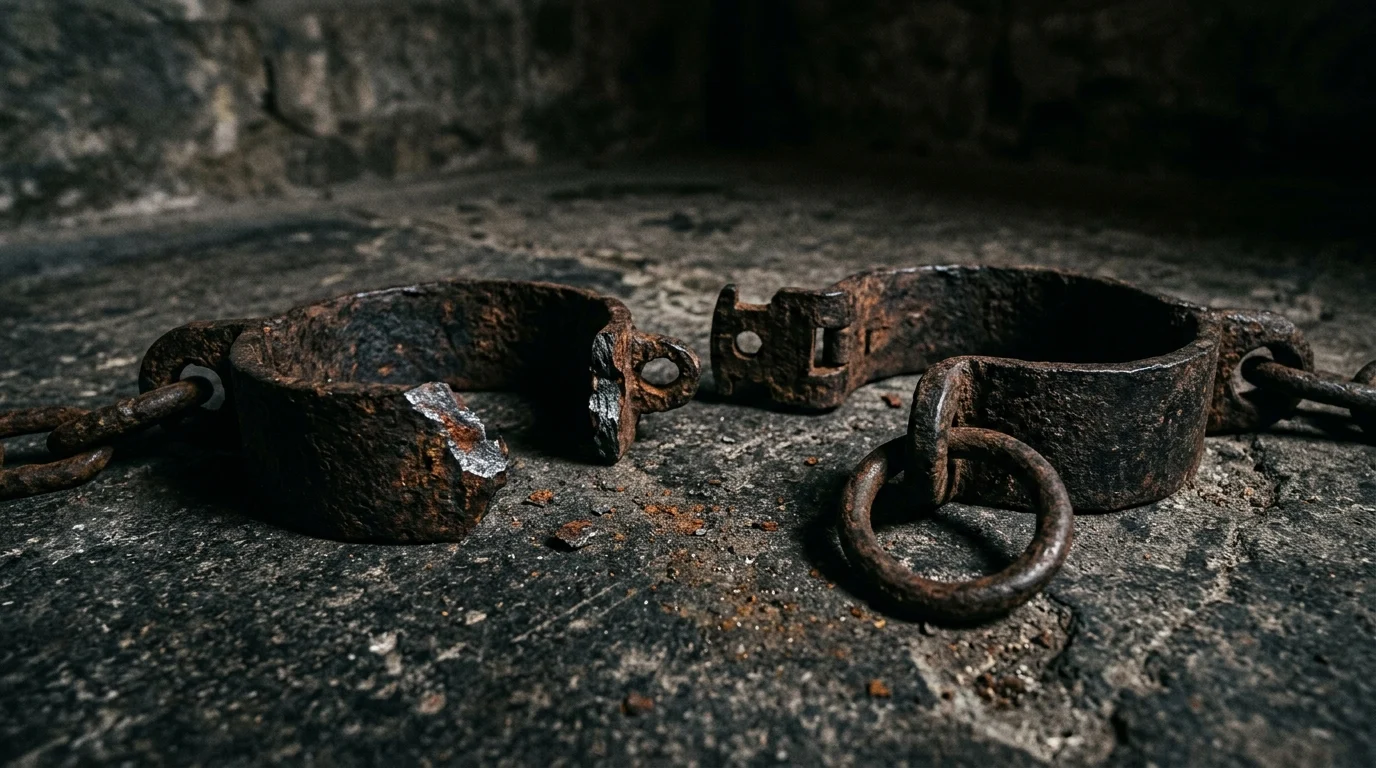 Broken rusted metal shackles lying on a dark floor.
