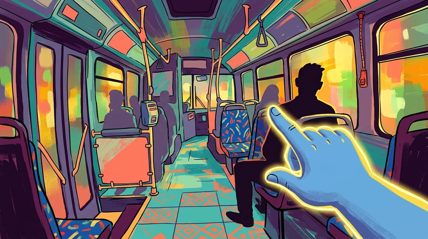 An artistic depiction of the bus passenger management mechanic featuring an elongated hand.