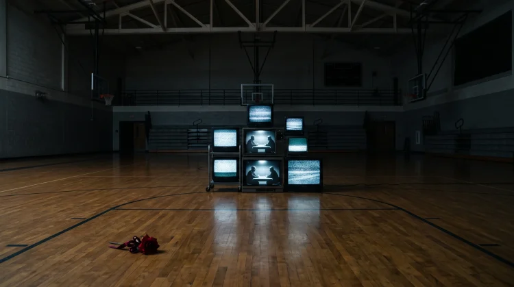 An empty high school gym with old TV monitors showing static and a red corsage on the floor.