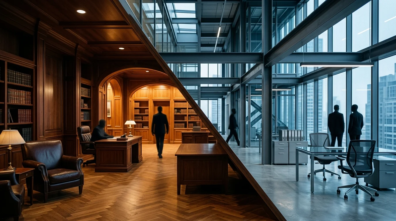 A conceptual representation of two rival law firms with different architectural styles.