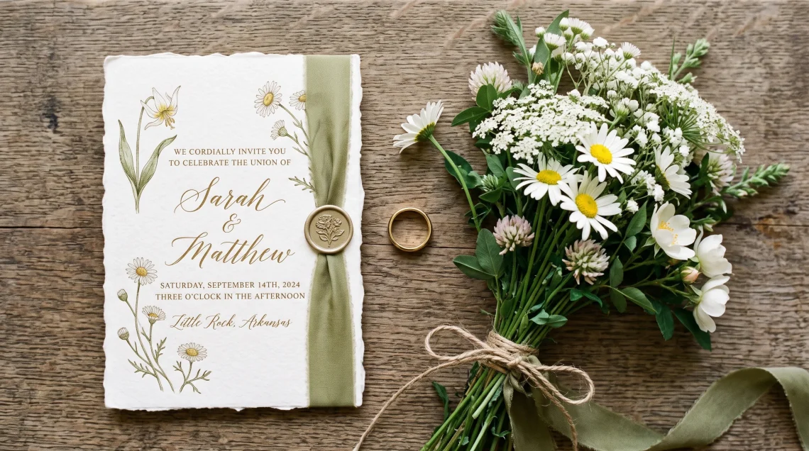 Conceptual image of a wedding invitation and gold ring