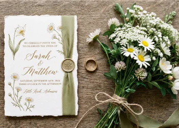 Conceptual image of a wedding invitation and gold ring