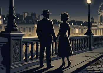 Conceptual silhouette of a couple in formal 1960s attire against a dimly lit European city bridge.