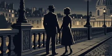 Conceptual silhouette of a couple in formal 1960s attire against a dimly lit European city bridge.