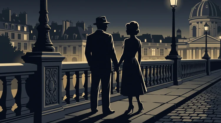 Conceptual silhouette of a couple in formal 1960s attire against a dimly lit European city bridge.