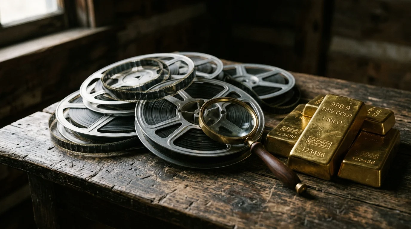 Vintage film reels and gold bars under a magnifying glass representing a public domain mystery.
