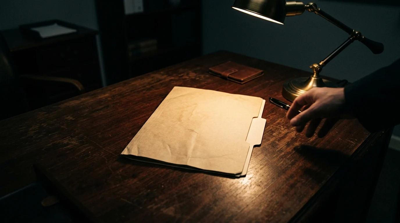 A classified file folder on a dark wooden desk under a lamp.