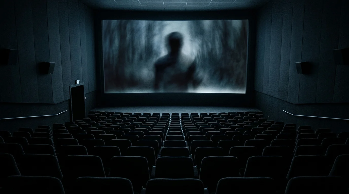 A darkened movie theater with a figure on the screen.
