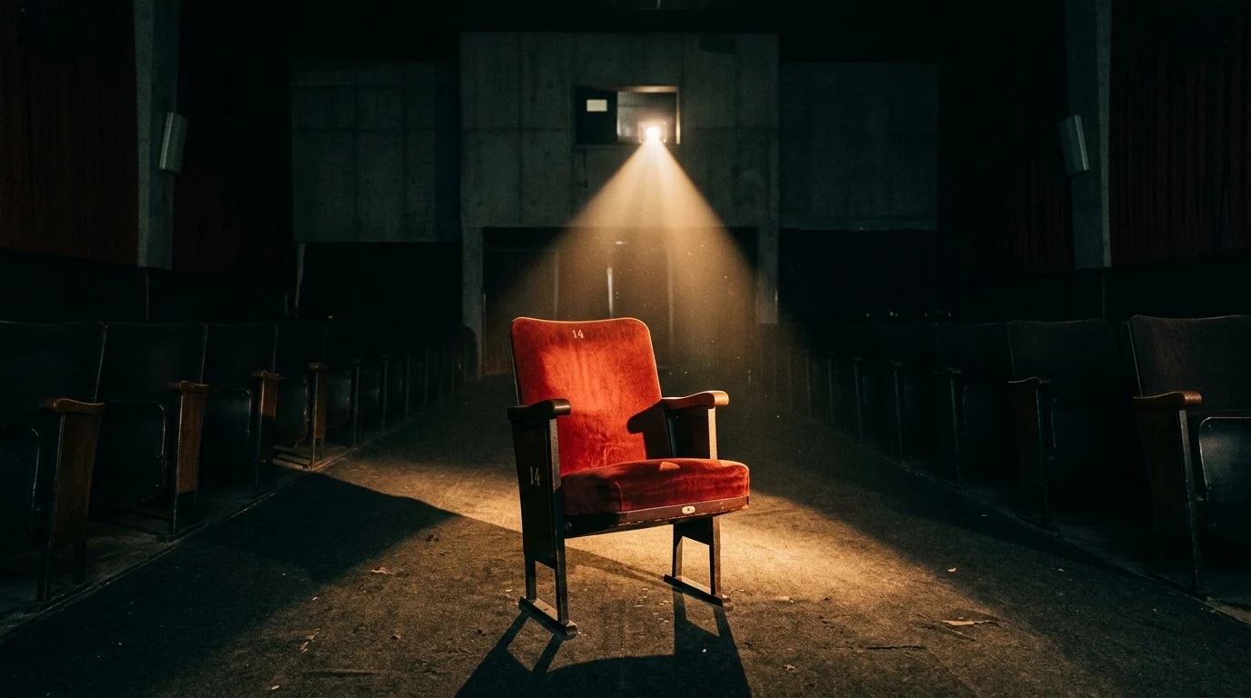An empty theater seat in the light of a projector.