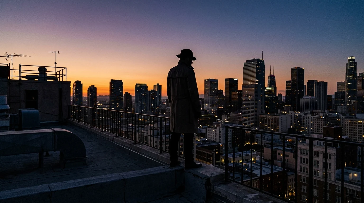 A silhouette of a detective-like figure overlooking a city.