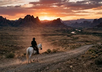 A silhouette of a rider on a horse in a desert landscape at sunset.