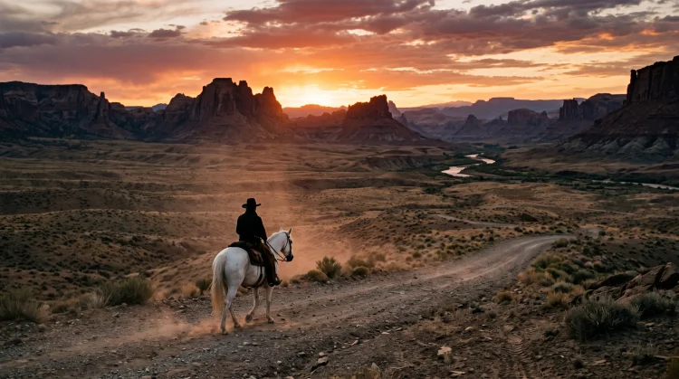 A silhouette of a rider on a horse in a desert landscape at sunset.