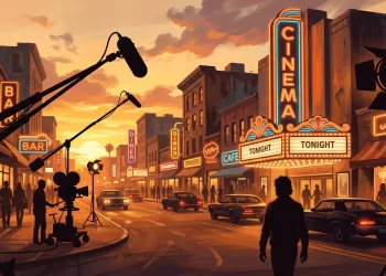 Conceptual art of a 1970s Hollywood street with neon movie theater signs.