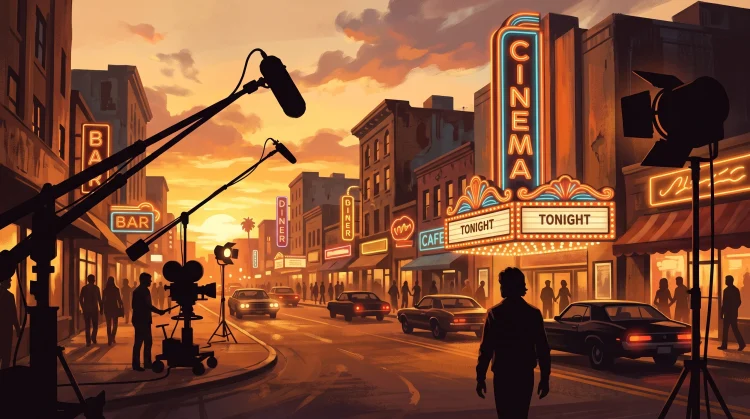 Conceptual art of a 1970s Hollywood street with neon movie theater signs.