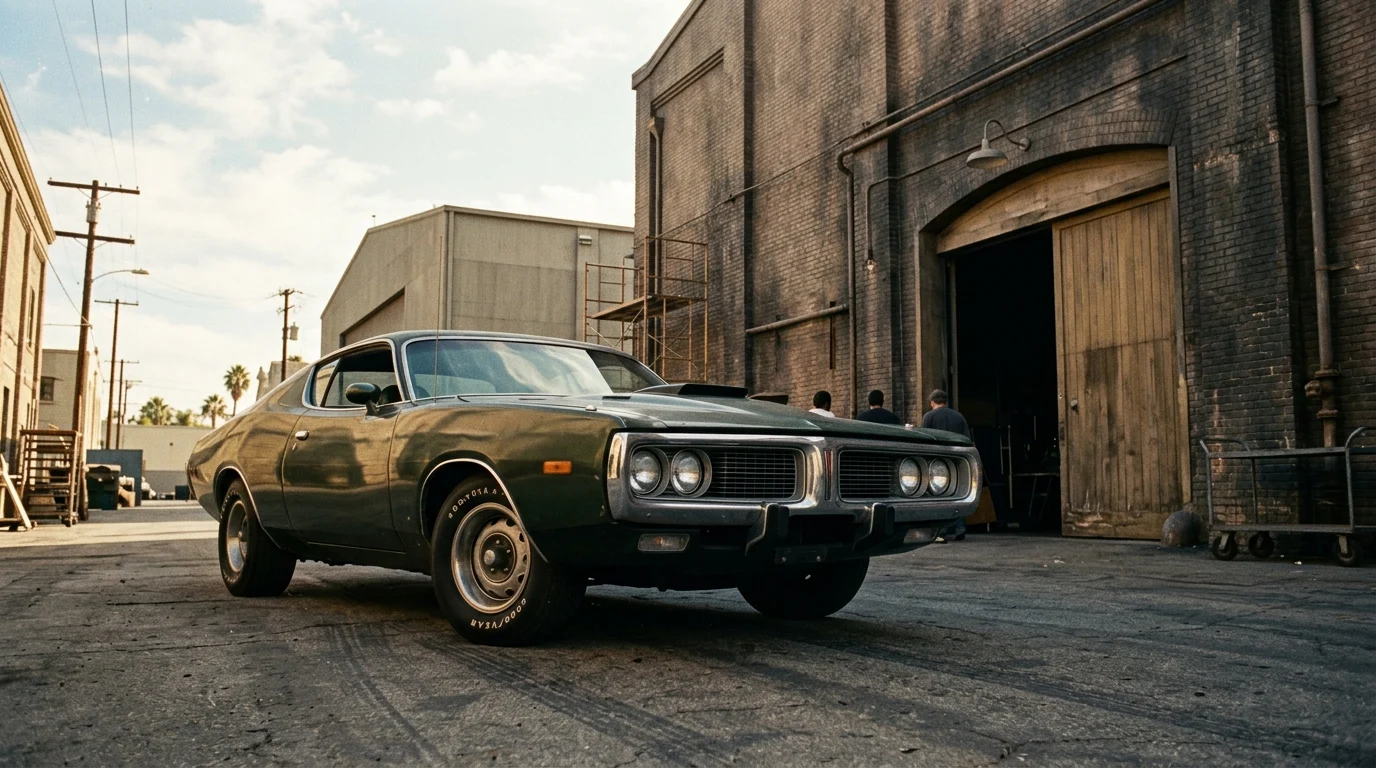 A classic 1970s muscle car on a movie studio lot.