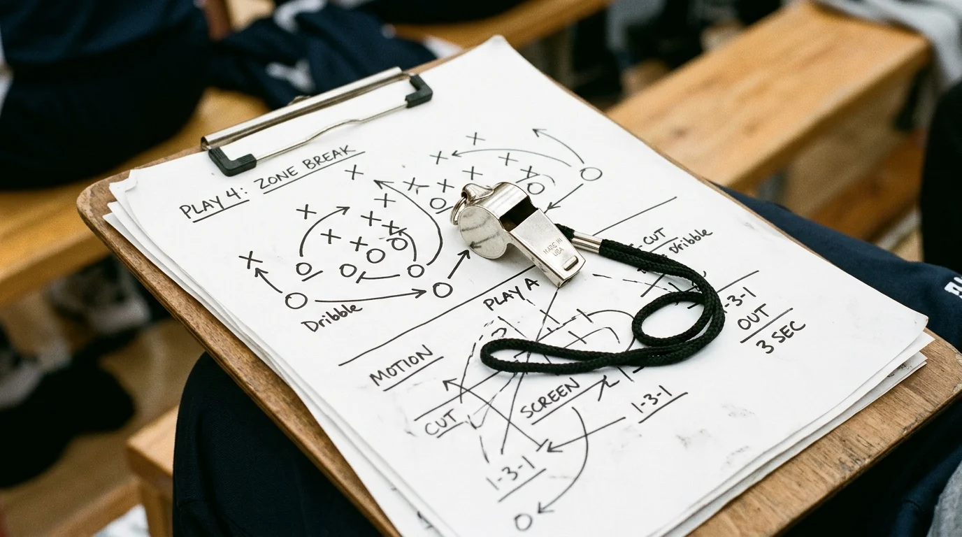 A coach's clipboard with strategic diagrams and a whistle.