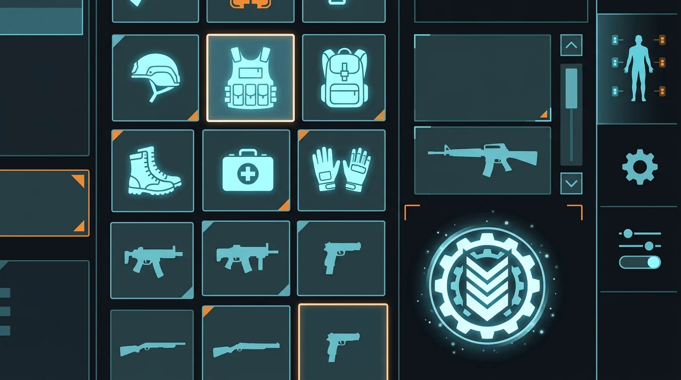 Abstract gaming menu icons showing tactical equipment and experience point boosts.