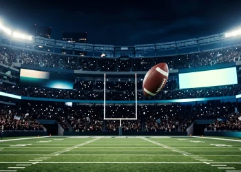 Conceptual image of a football game under stadium lights.