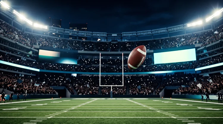 Conceptual image of a football game under stadium lights.