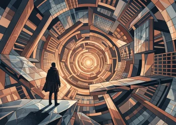 Abstract representation of a city landscape warping into an infinite loop.
