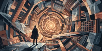 Abstract representation of a city landscape warping into an infinite loop.