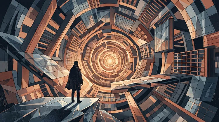 Abstract representation of a city landscape warping into an infinite loop.