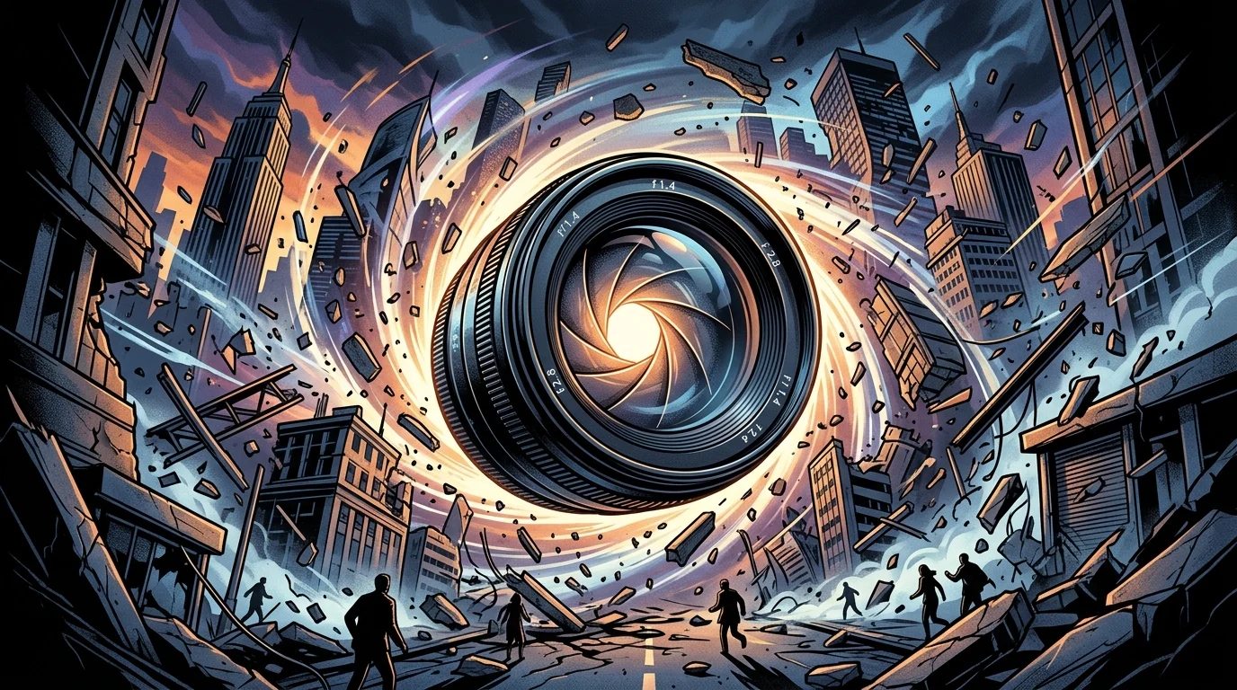 A conceptual visualization of a camera lens amidst shifting urban geometry.