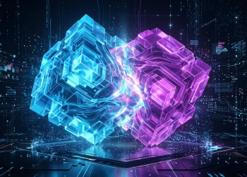 Abstract geometric representation of two corporate entities merging in a digital space.