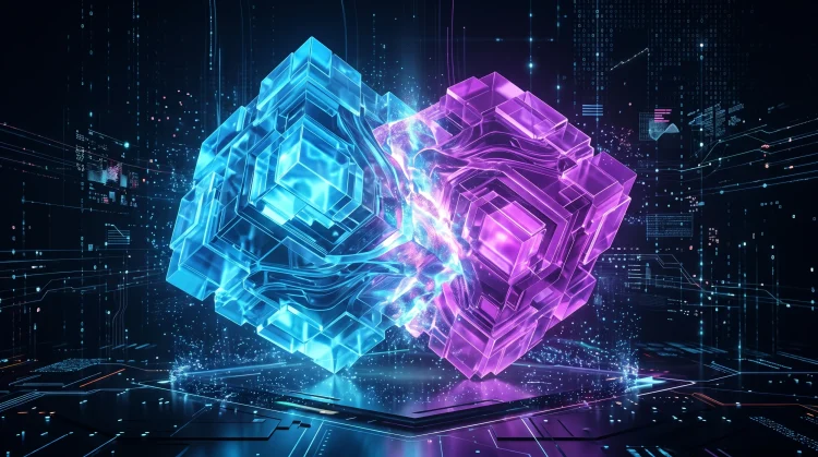 Abstract geometric representation of two corporate entities merging in a digital space.