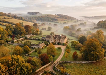 A conceptual view of an elegant manor house in the British countryside during autumn.