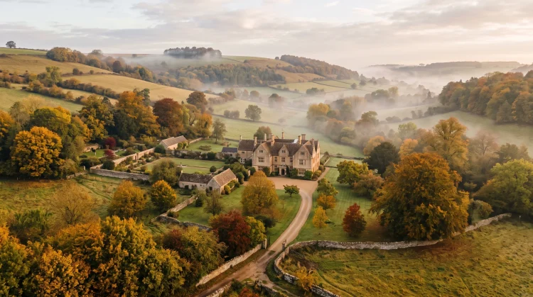 A conceptual view of an elegant manor house in the British countryside during autumn.