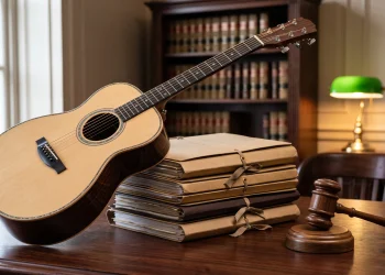 An acoustic guitar leaning against legal documents and a gavel.