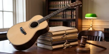 An acoustic guitar leaning against legal documents and a gavel.