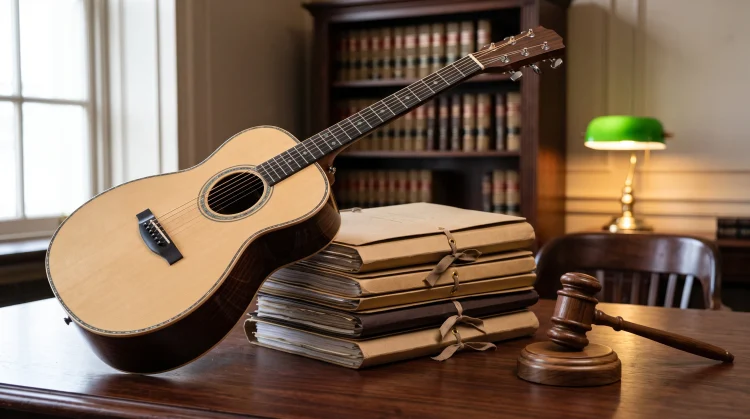 An acoustic guitar leaning against legal documents and a gavel.