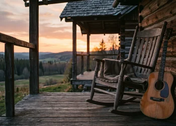 Conceptual image of a quiet porch with a guitar at sunset.
