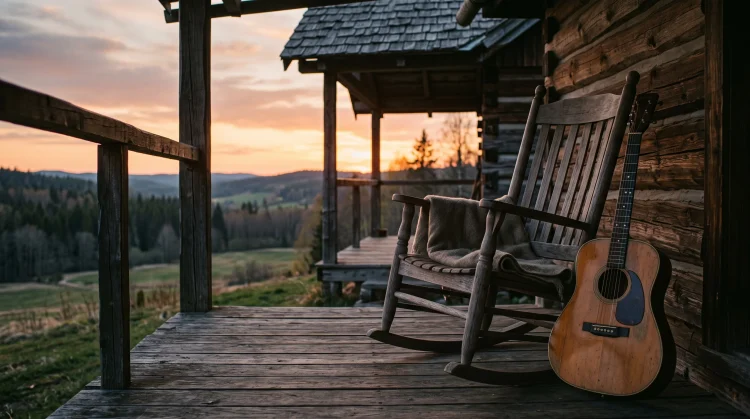 Conceptual image of a quiet porch with a guitar at sunset.