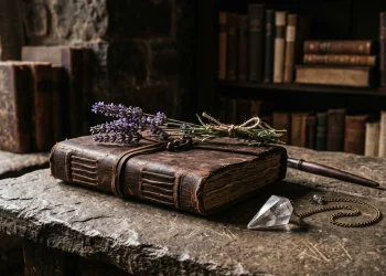 A mystical desk setup with a leather journal and a crystal pendulum.