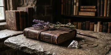 A mystical desk setup with a leather journal and a crystal pendulum.