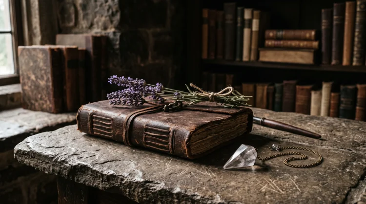 A mystical desk setup with a leather journal and a crystal pendulum.