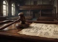 A wooden gavel and a mechanical blueprint on a courtroom desk.