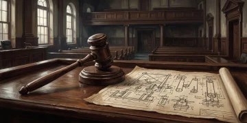 A wooden gavel and a mechanical blueprint on a courtroom desk.