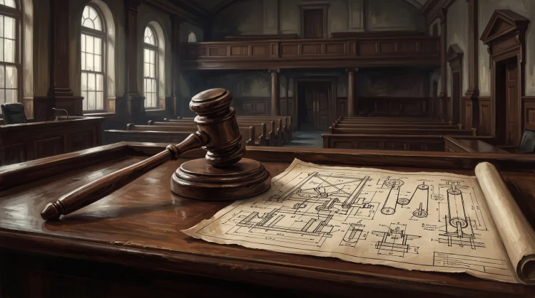A wooden gavel and a mechanical blueprint on a courtroom desk.